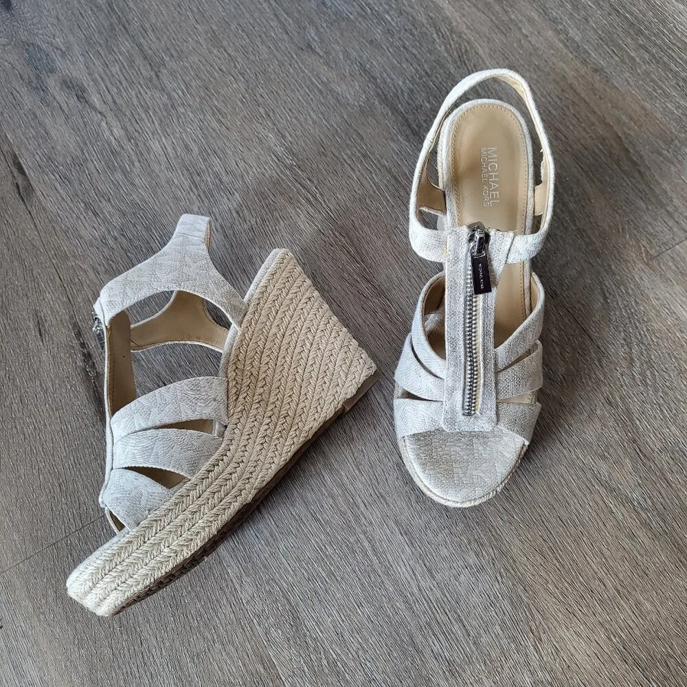Michael Kors Berkley Platform Wedge Sandal MK Logo Cream Canvas Size 7